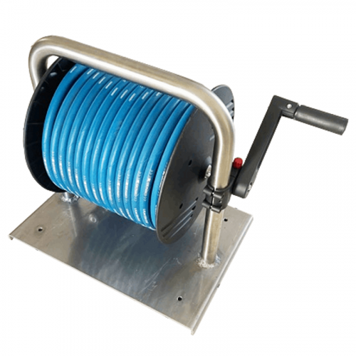 Hose reel mounted stainless steel wall bracket with no hose for high pressure cleaner