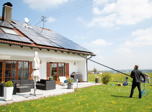 Solar cleaning with long telescopic pole