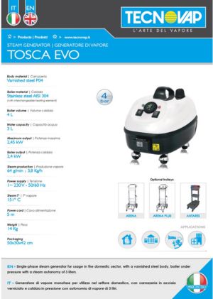 Tecnovap Tosca Evo Water 2.4kW Steam Cleaner Brochure Download